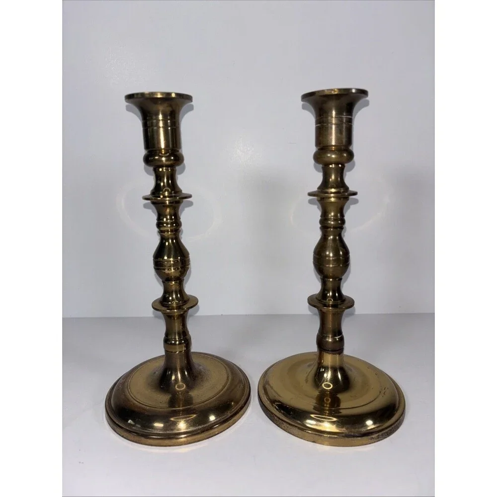 Antique Pair Brass Beehive Candlesticks Victorian Baluster 8”H Marked W